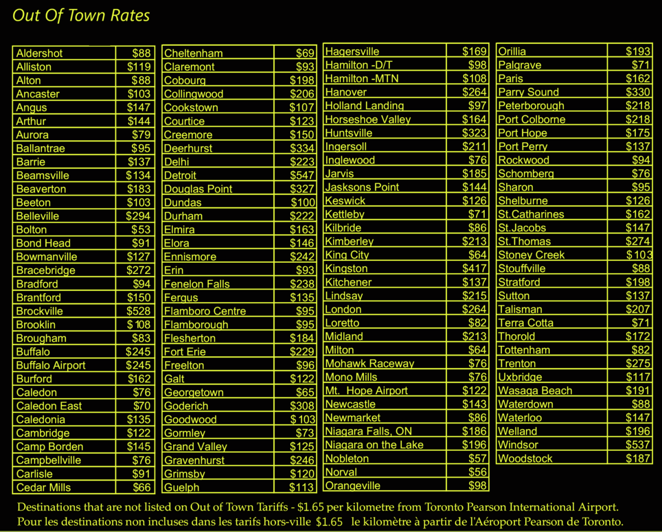 Out OF Town Taxi rates, Airport Taxi rates sheet, Taxi fares, Pearson to long distance Taxi taxi rates